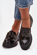 mocassins femme vernis noirs plateforme bout arrondi slipon loafers élégantes semelle crantée antidérapante boucle carrée dorée talon bas confortable