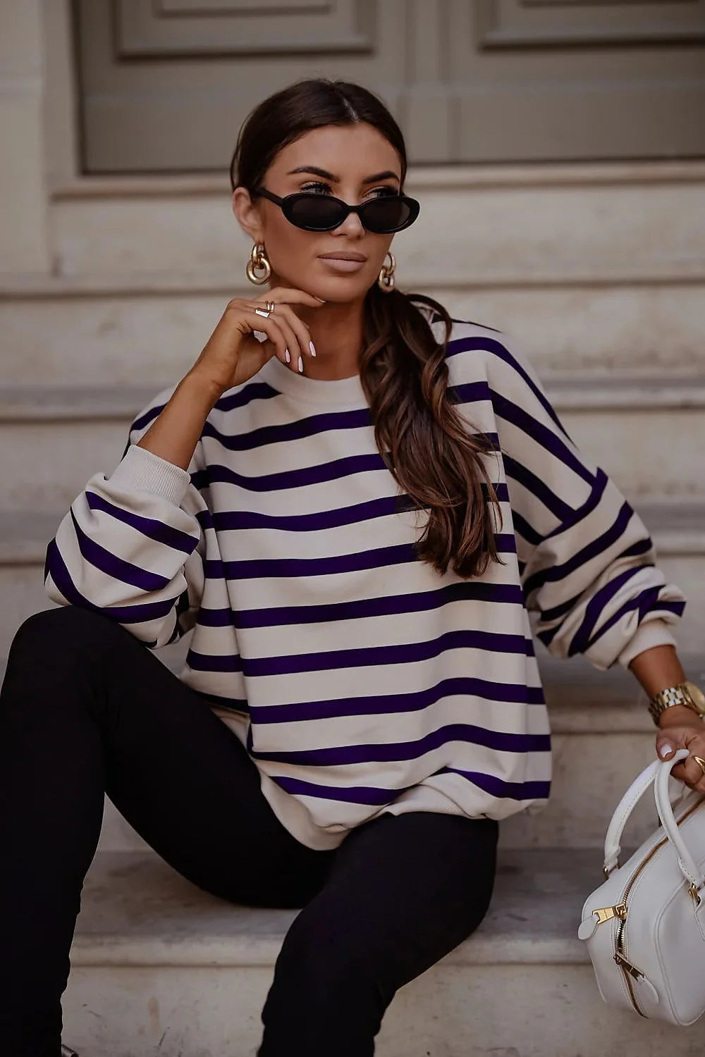 sweatshirt STREL rayures ecru bleu marine mariniere oversize femme coupe ample encolure ronde manches longues bouffantes jersey epais coton elasthanne