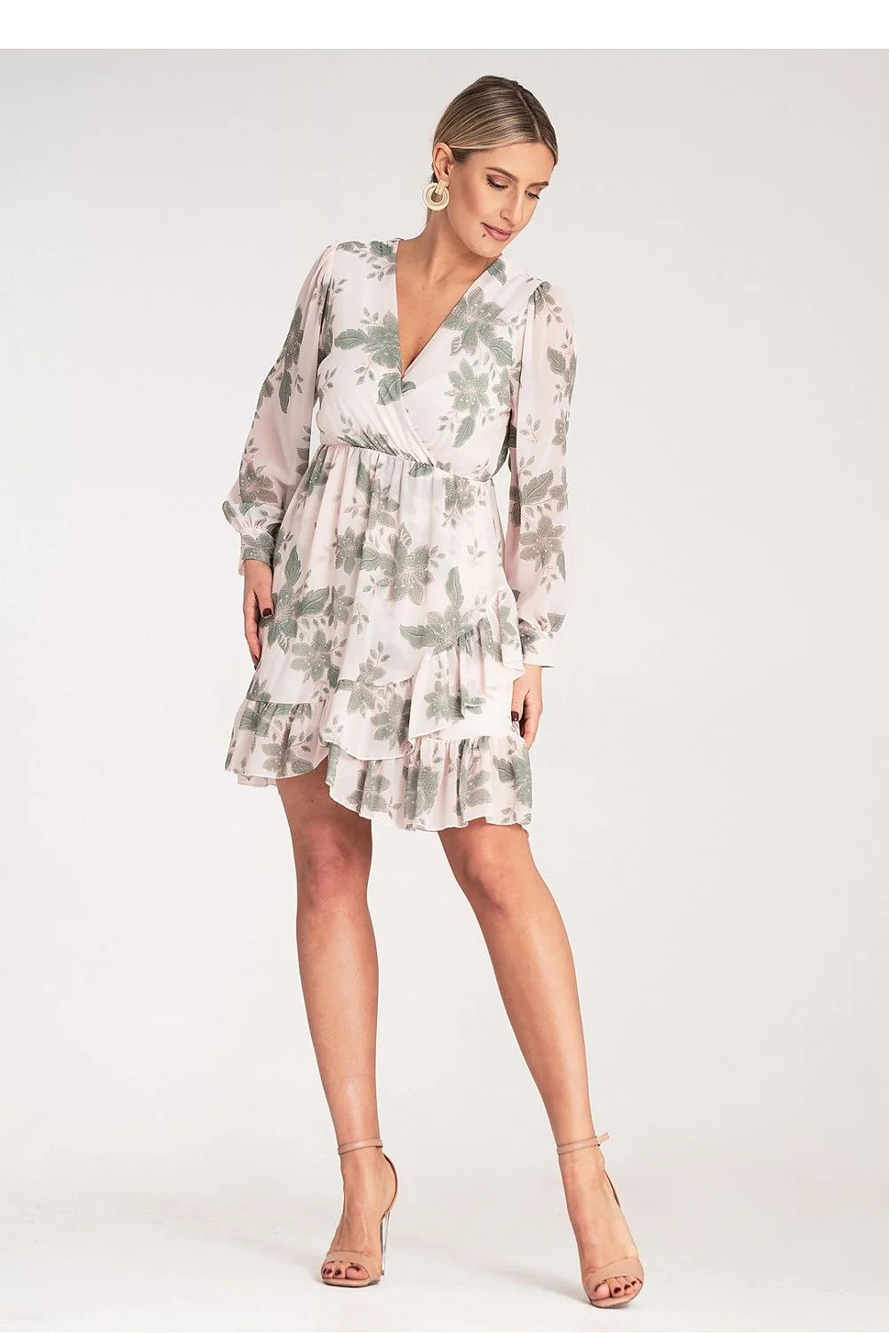 robe élégante florale midi manches longues décolleté V taille empire chiffon léger fluide imprimé vert olive volants asymétriques