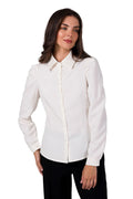 chemise manches longues col classique blanc ivoire femme ajustée boutonnée popeline coton pincettes poignets bouton professionnelle élégante intemporelle