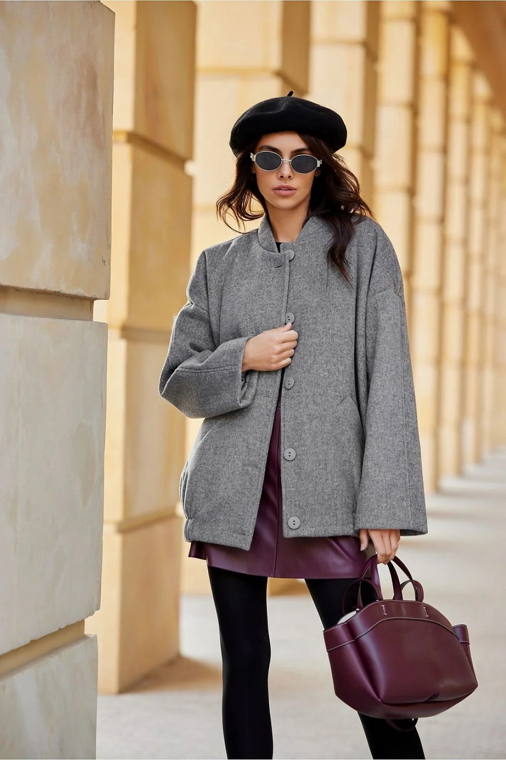 veste Roco Fashion femme oversize laine chiné gris col montant gros boutons manches larges poches latérales doublée coupe ample confortable