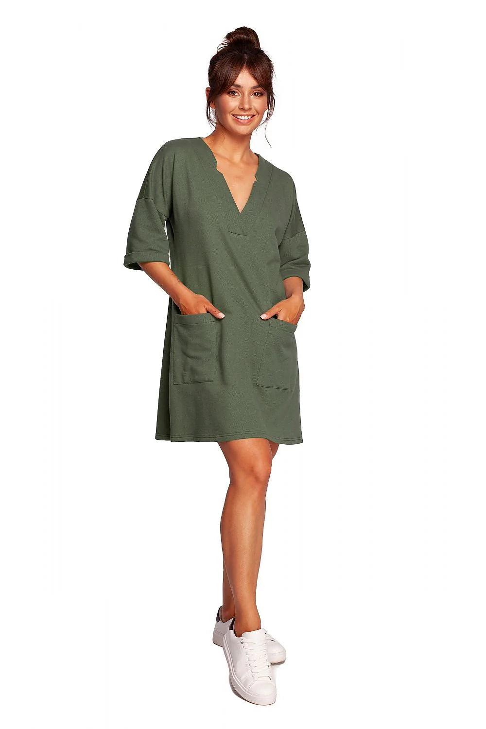 Robe de jour casual rose pastel femme en coton polyester manches courtes poches latérales