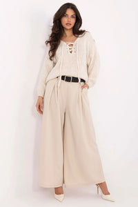 pantalon palazzo femme élégant confortable viscose polyester fluide taille haute élastique plis devant ceinture boutonnière boucle dorée beige