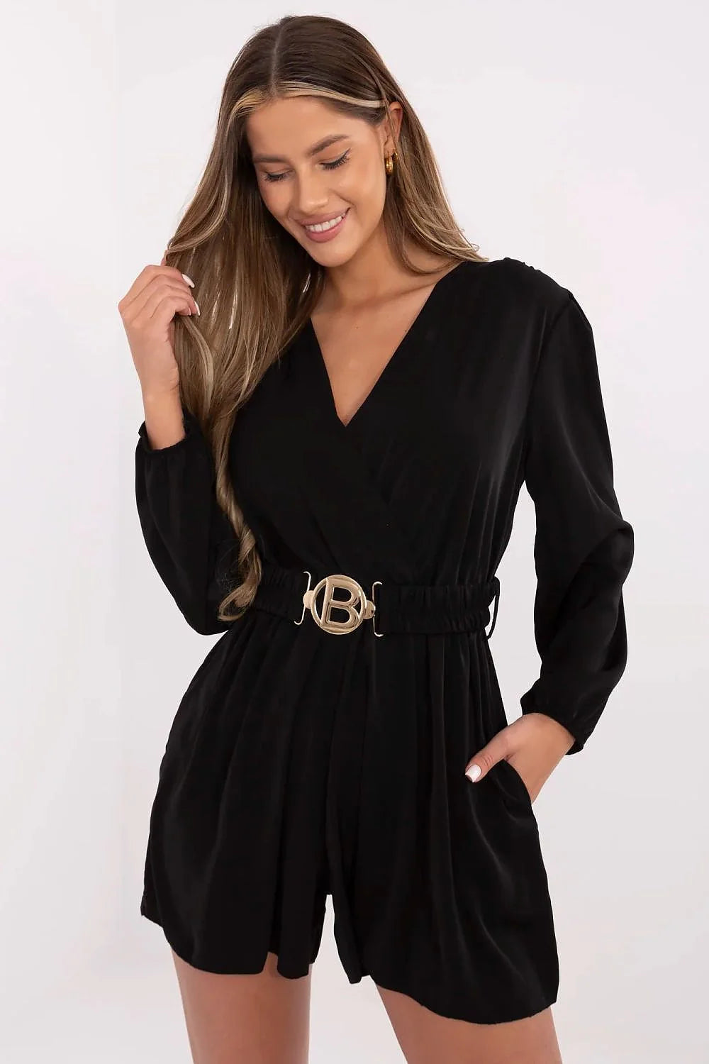 Combinaison élégante pour femme noire décolleté croisé manches longues ceinture élastique style sophistiqué polyvalence