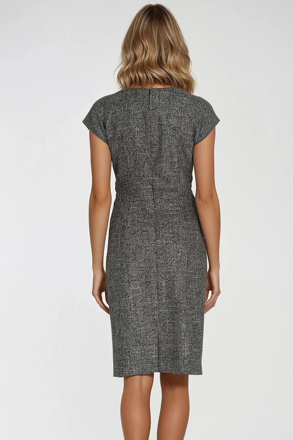 robe élégante ajustée crayon texturée chinée gris anthracite longueur genou col rond manches capuchon plissée pinces taille fermeture glissière arrière
