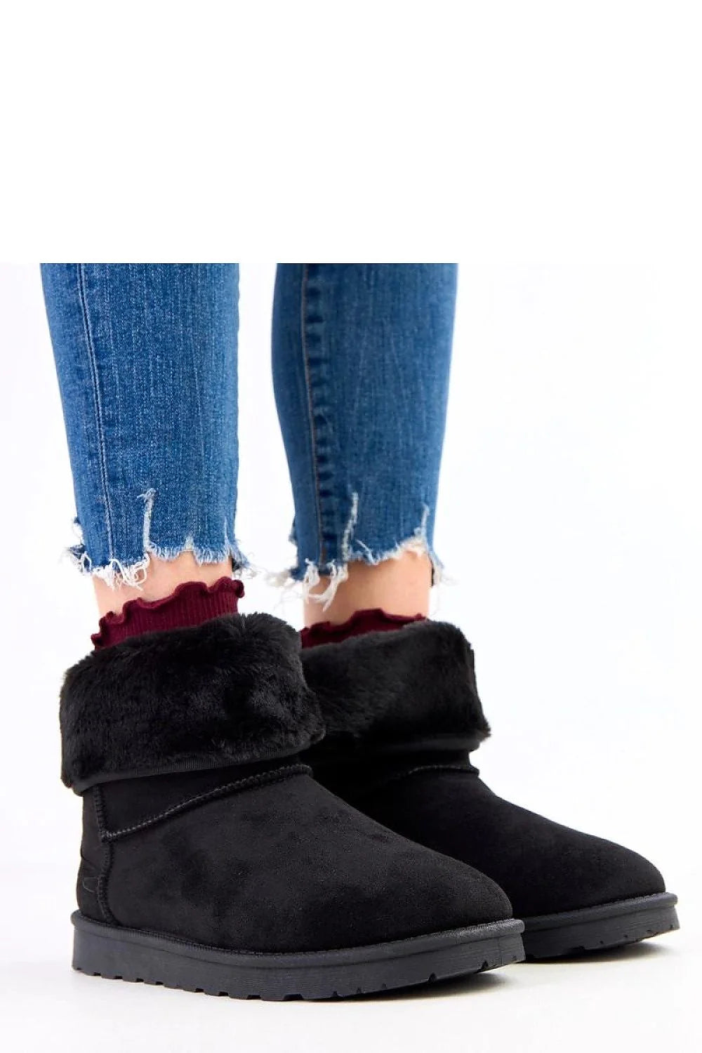 bottines femme fourrées suédine noire cheville col retroussable fausse fourrure bout rond semelle crantée antidérapante intérieur chaud moelleux confort hivernal