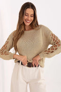 pull femme viscose métallisé beige doré manches longues ajourées entrelacs tressés col rond oversize coupe ample côtelés poignets