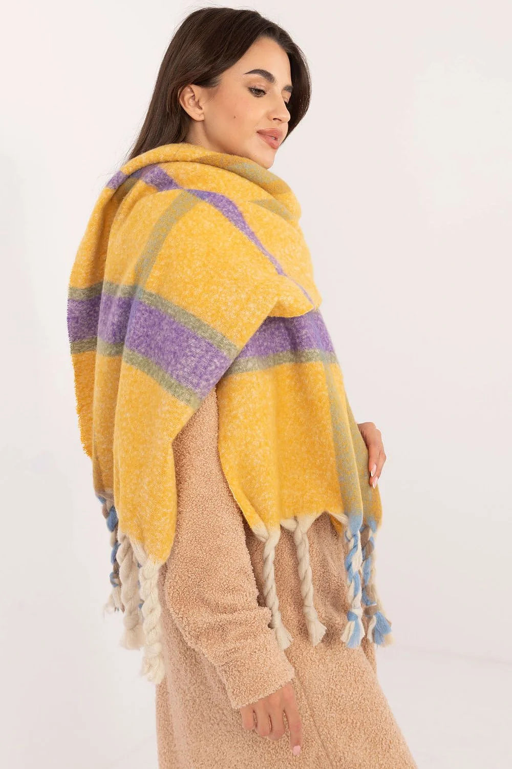 Écharpe en polyester à carreaux pour femme, franges tressées, style moderne, couleur jaune moutarde, violet et bleu pastel, longueur 180 cm, polyvalence, accessoire hiver