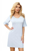 robe TISSI sexy viscose elasthanne bleu pâle encolure V manches courtes volants coupe droite fluide légère femme