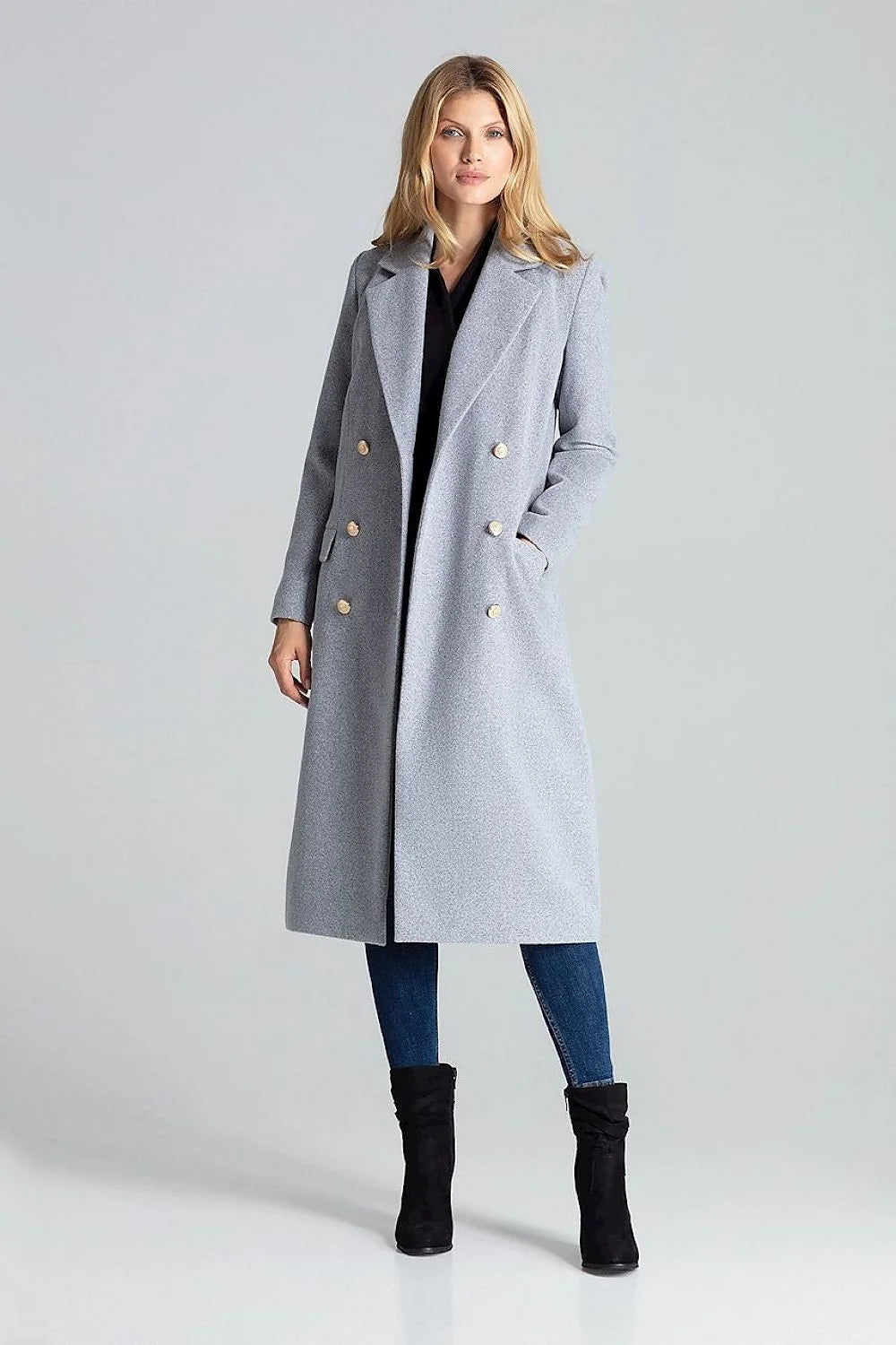 Manteau femme laine gris clair élégant double boutonnage col revers idéal hiver chic sophistiqué
