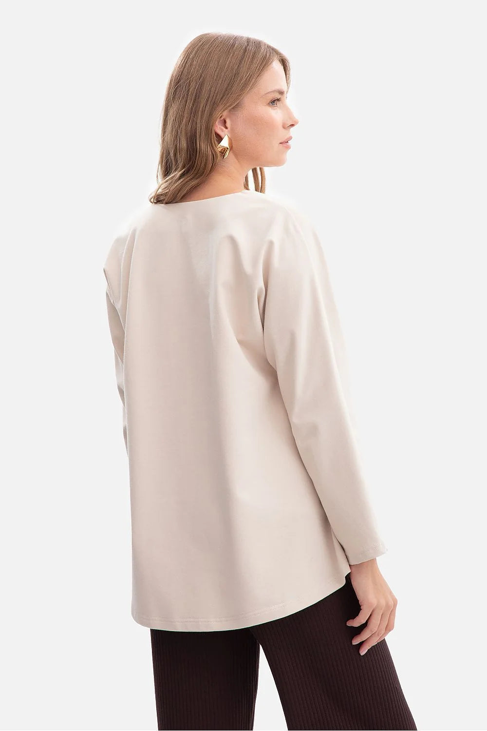 chemisier femme jersey lisse bouclette doux aéré confortable enfilé encolureV manches longues droites coupe ample oversize