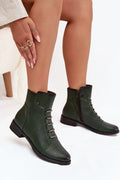 bottines femme vert forêt similicuir lisse tige mihaute cheville bout arrondi talon bas semelle crantée zip lacets fourrure synthétique