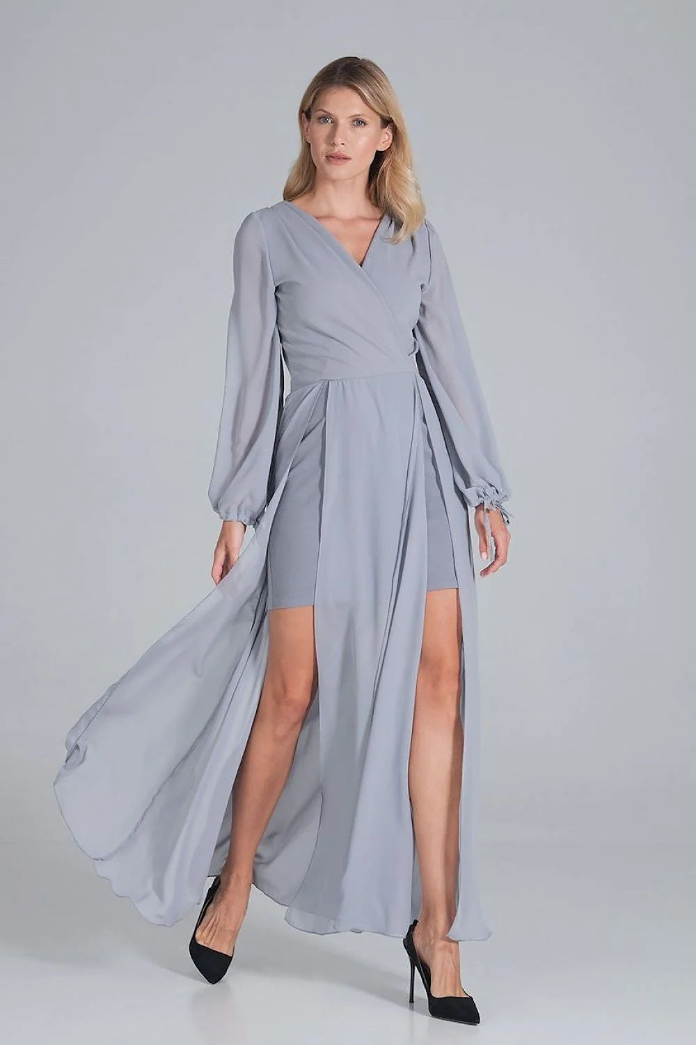 Robe longue grise élégante en mousseline avec manches longues fente moderne pour femmes chic