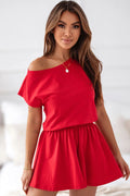 Robe courte féminine moderne couleur rouge vif en coton élasthanne asymétrique épaule taille élastiquée pour femme