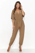 Combinaison élégante pour femme couleur marron clair en V coupe ample manches amples taille ajustable style chic et confortable
