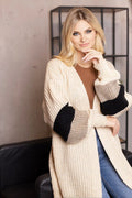 Cardigan Pee Ka Boo pour femme style moderne coupe longue manches larges contrastes maille épaisse acrylique polyamide polyester laine beige noir taupe