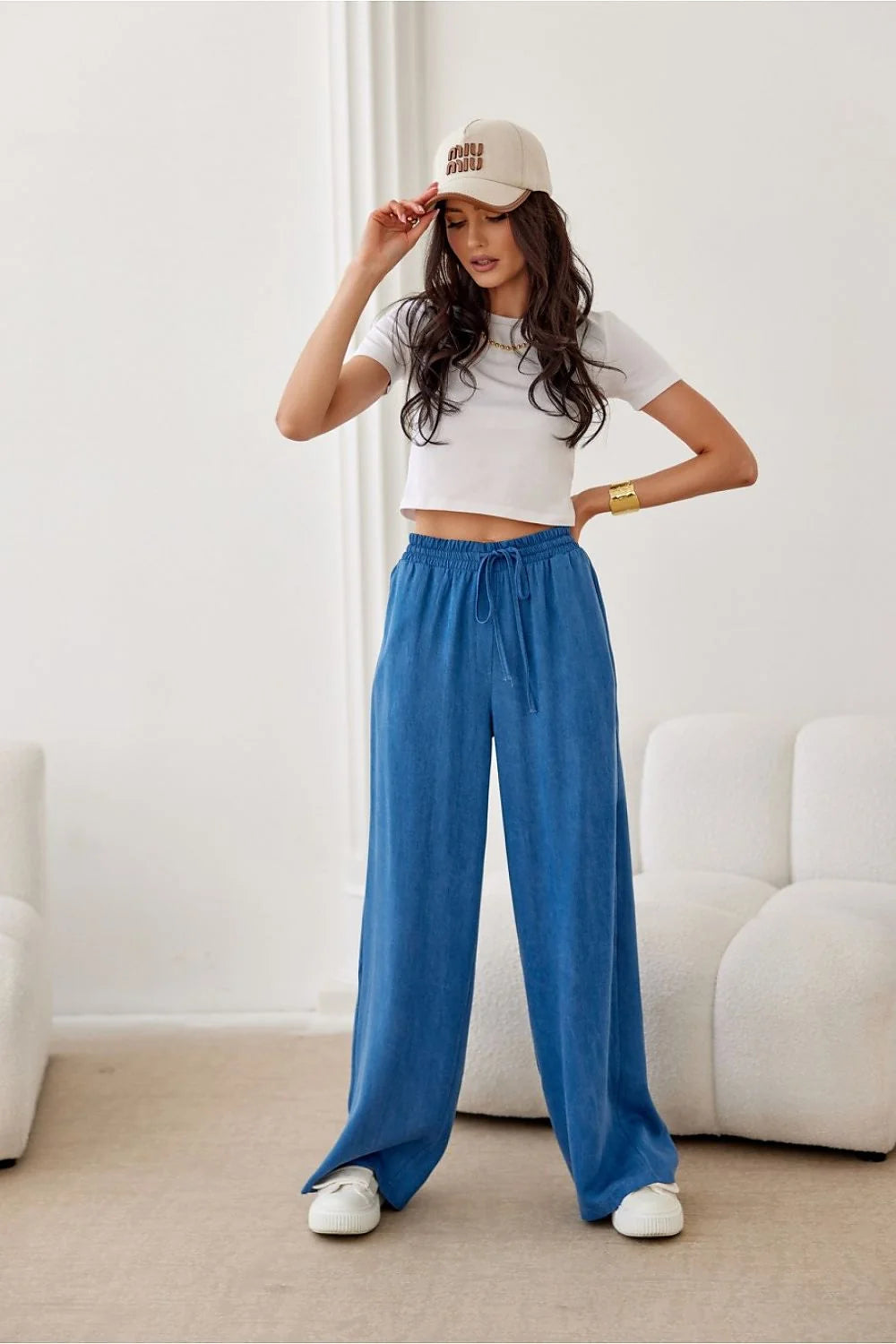 Pantalon femme Roco Fashion longues jambes larges taille haute ceinture élastique poches latérales ouvertes Tencel 100%