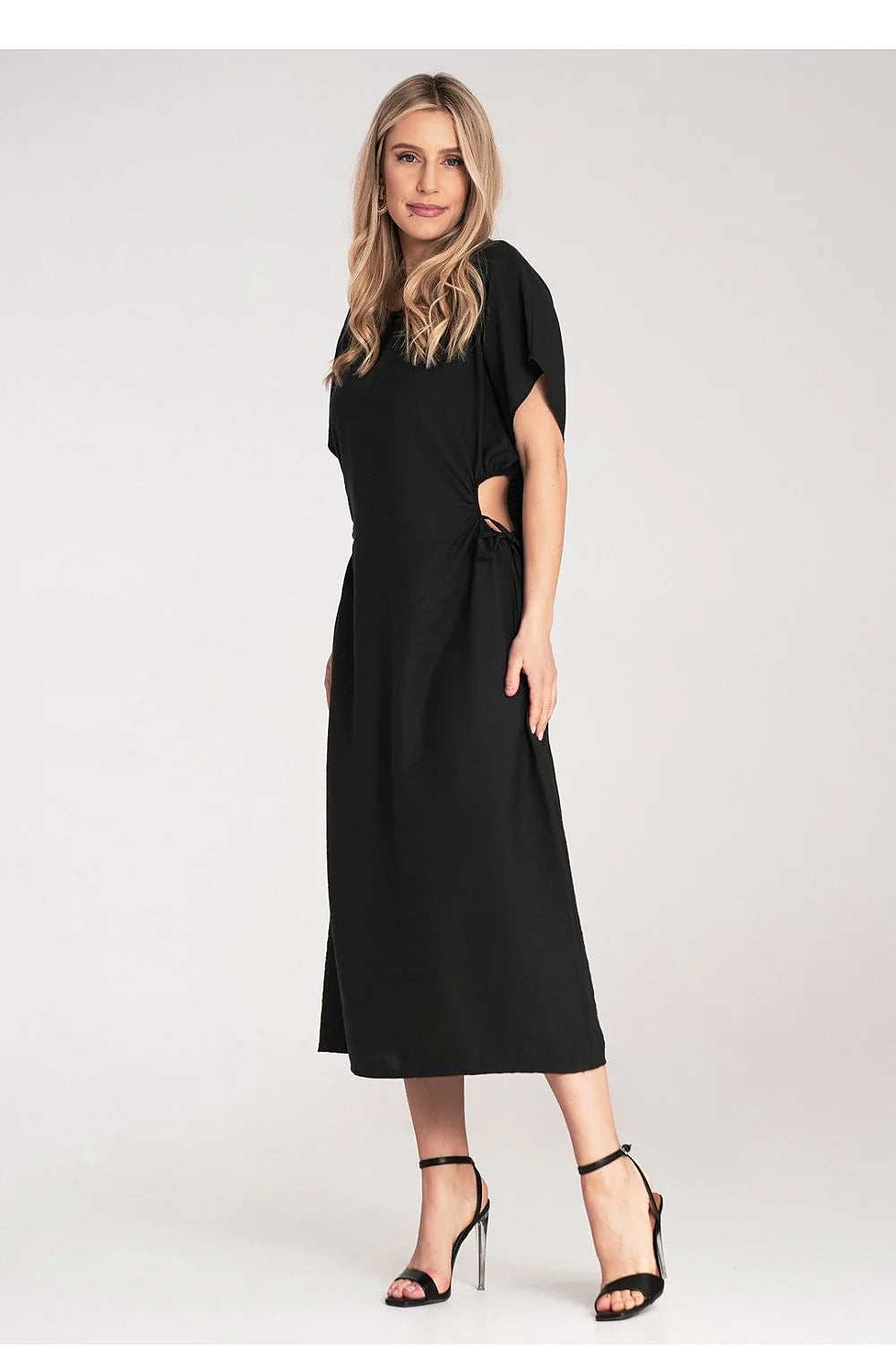 Robe de jour élégante midi manches courtes amples décolleté rond plis tunnels cordon ajustable viscose 100% femme