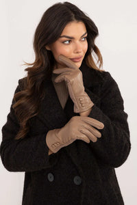 Gants élégants pour femmes en cuir souple beige taupe, boutons décoratifs, isolation thermique, style intemporel