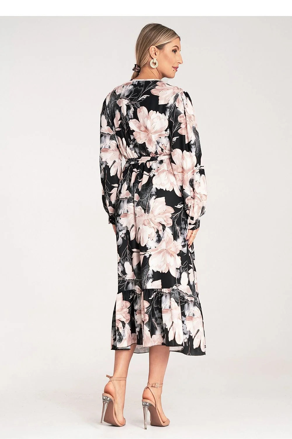 Robe de jour élégante avec motif floral V-neck manches longues taille ajustable pour femme