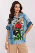 Chemise manche longue Italy Moda imprimé léopard rose feuillage denim femme style moderne casual été