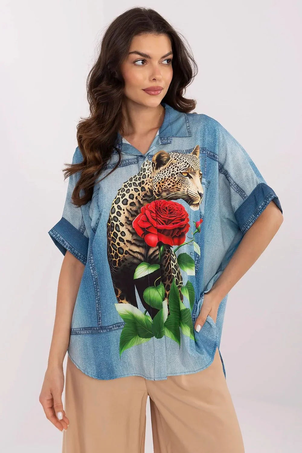 Chemise manche longue Italy Moda imprimé léopard rose feuillage denim femme style moderne casual été
