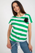 T-shirt femme rayures vertes et blanches fleur noire coton elasthanne porté seul ou en superposition