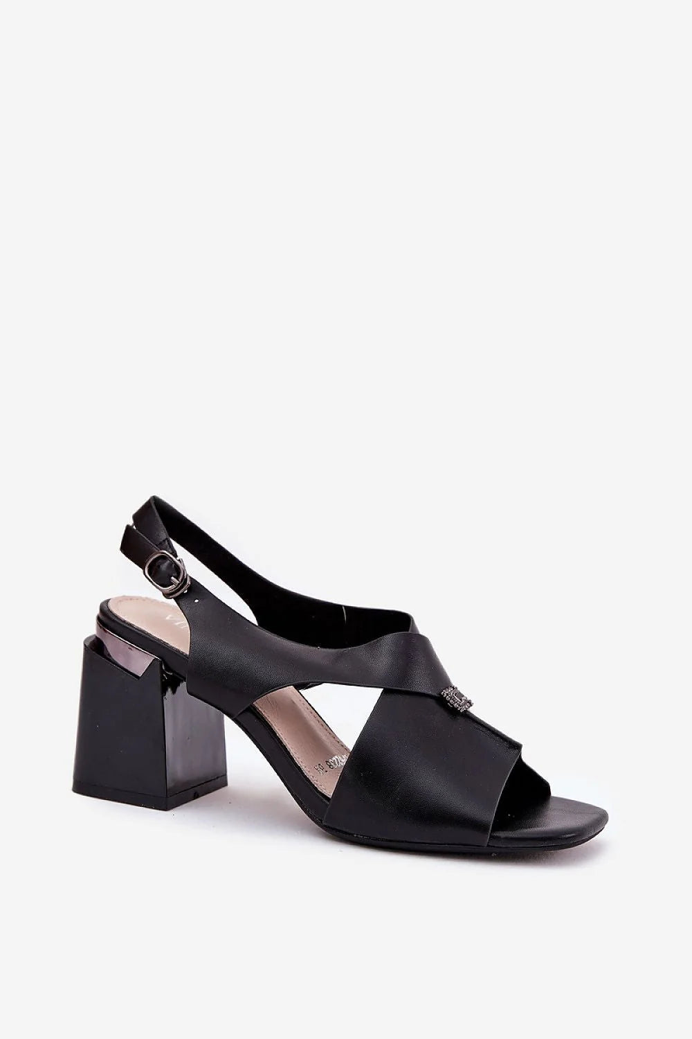 Sandales à talons épaisses élégantes Vinceza cuir artificiel noir brides croisées boucle métallique ornement métallique femmes occasionnels estivales mode