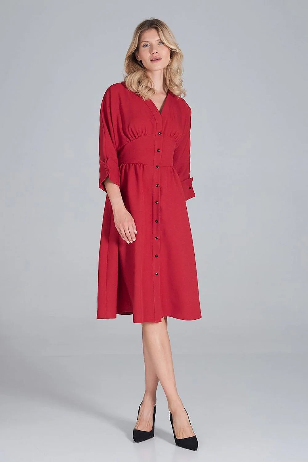 Robe midi polyester élégante rose vive manches trois-quarts boutons col V femme mode chic