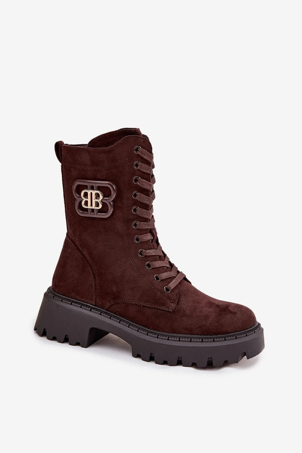 bottines worker urbain suédé marron foncé tige mi mollet bout rond lacets zippée doublure chaude semelle crantée plateforme talon stable