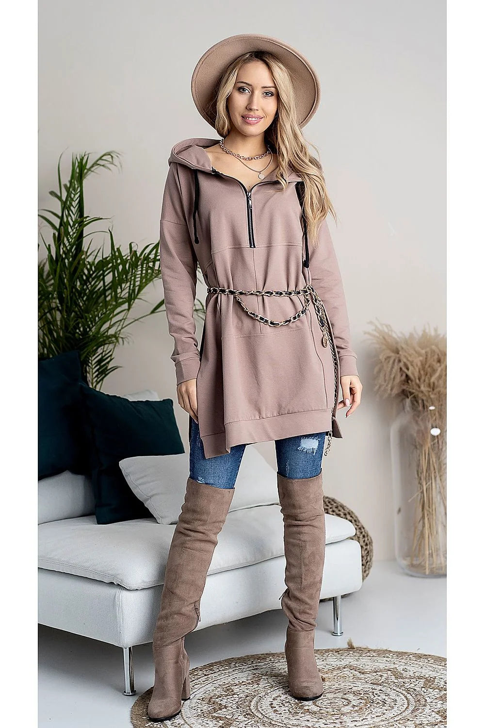 Sweatshirt taupe oversize coton élasthanne moderne asymétrique ceinture chaîne tendance chic femme Pologne