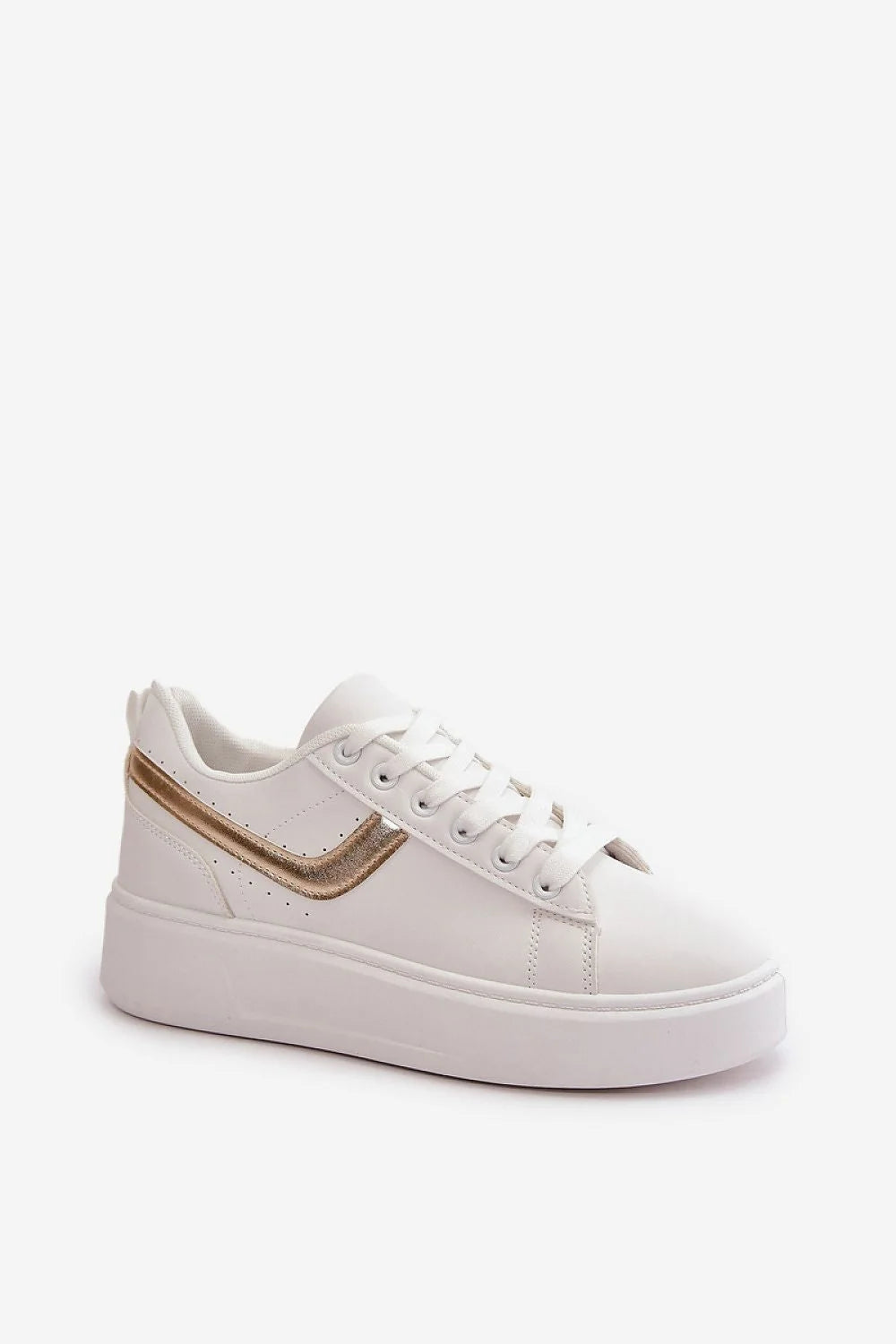 Baskets pour femmes design moderne couleur blanche détails dorés cuir synthétique semelle épaisse confortable baskets polyvalentes pour quotidien