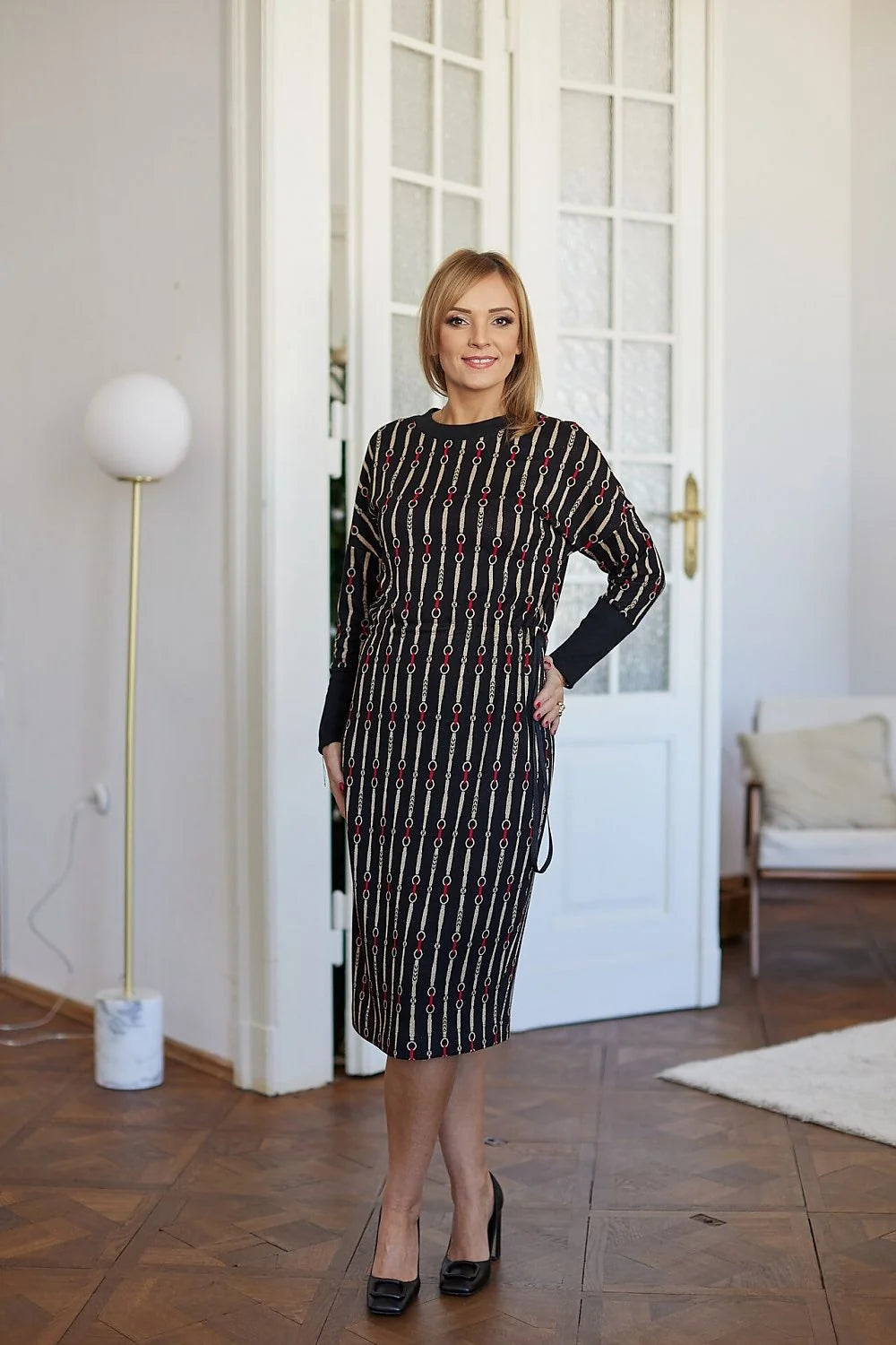 Robe de jour élégante La Aurora motifs géométriques maille jacquard elastane lurex femmes matures longueur genou manches longues encolure ronde confortable