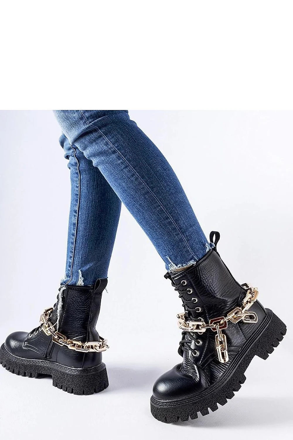 Bottes trappeur Solea femmes design robuste style militaire cuir synthétique chaîne dorée cheville soutien ankle boot