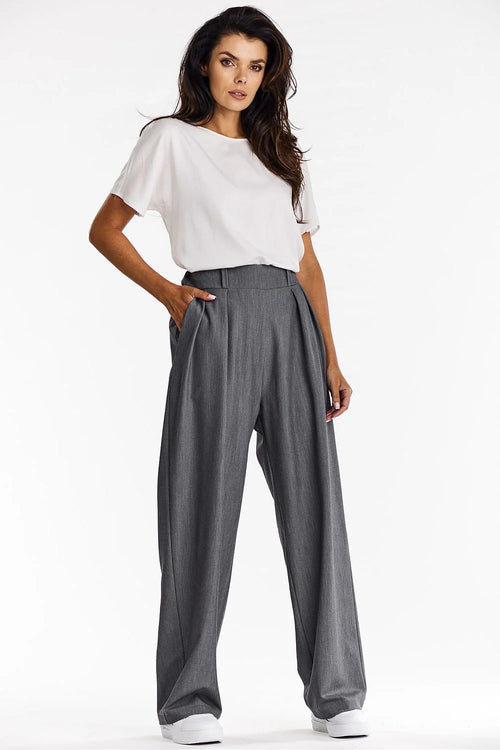 ensemble femme tshirt blanc minimaliste manches courtes coupe droite pantalon large gris chiné taille haute ceinture élastique