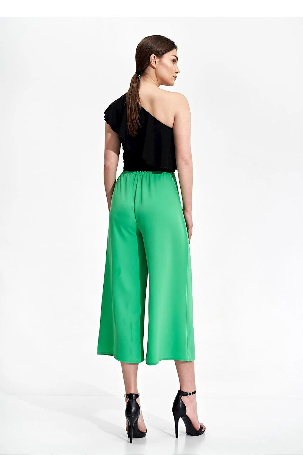 Pantalon femme Figl asymétrique culotte vert vif ceinture nouée coupe ample polyester 100% taille ajustable occasion élégante