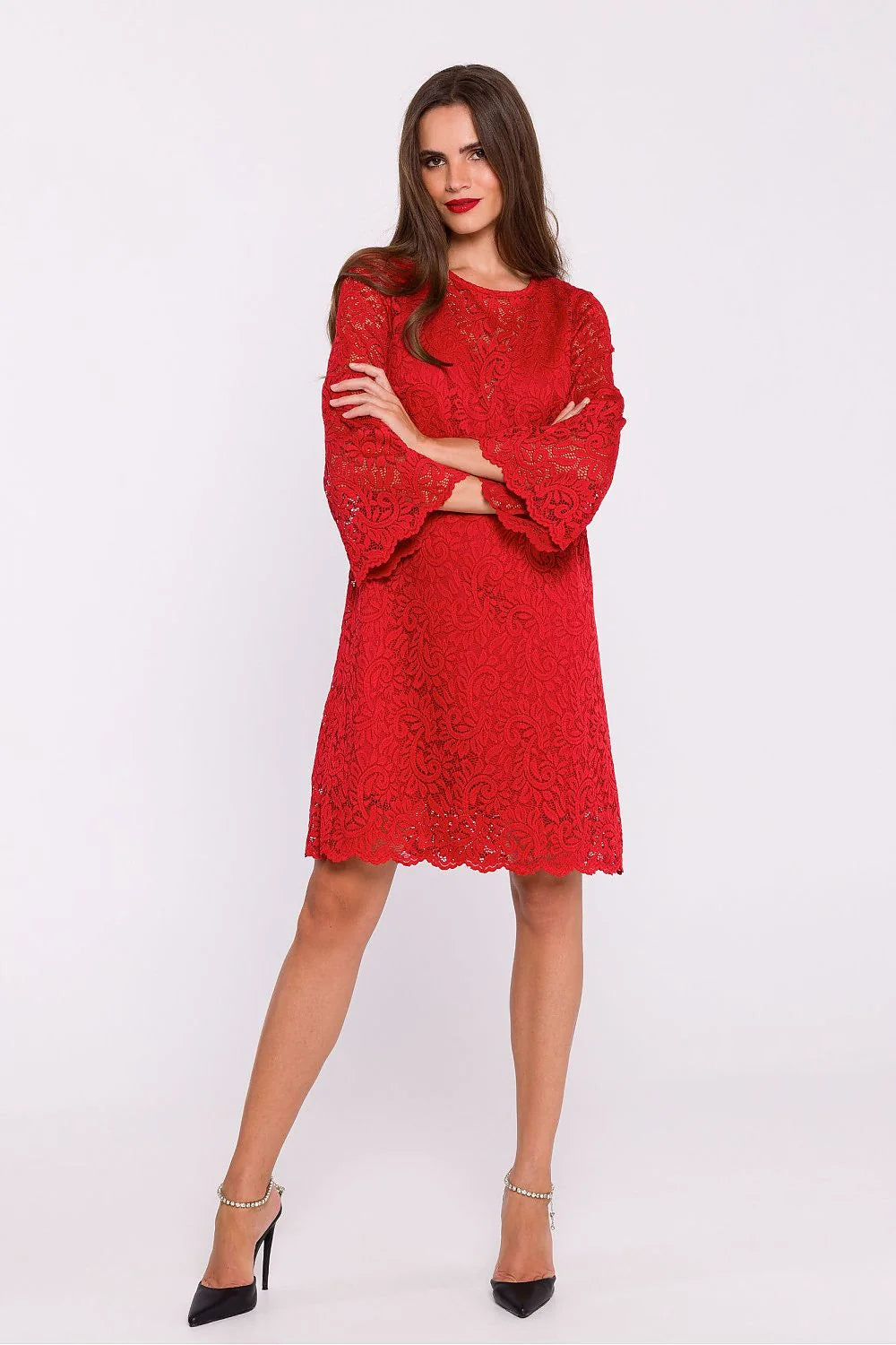 Robe de soirée Stylove en dentelle rouge manches 3/4 évasées neckline rond genou court pour femmes élégance occasion spéciale
