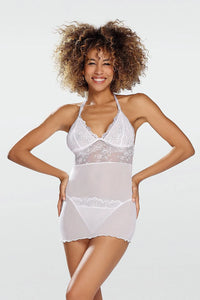 Ensemble lingerie sexy dentelle maille blanc babydoll bretelles ajustables coupe évasée soutien-gorge sans-manches style romantique
