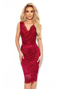 Robe de soirée élégante longue en dentelle couleur bordeaux encolure V sans manches tour de hanche ajustable femme