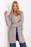cardigan long femme ouvert maille douce gris chiné manches longues poches plaquées bordscôtes droite mi cuisses viscose modal nylon confortable