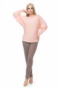 ensemble pull pantalon femme oversize maille fine tricotée manches bouffantes encolure bateau finitions côtelées taille ajustée coupe droite rose pâle