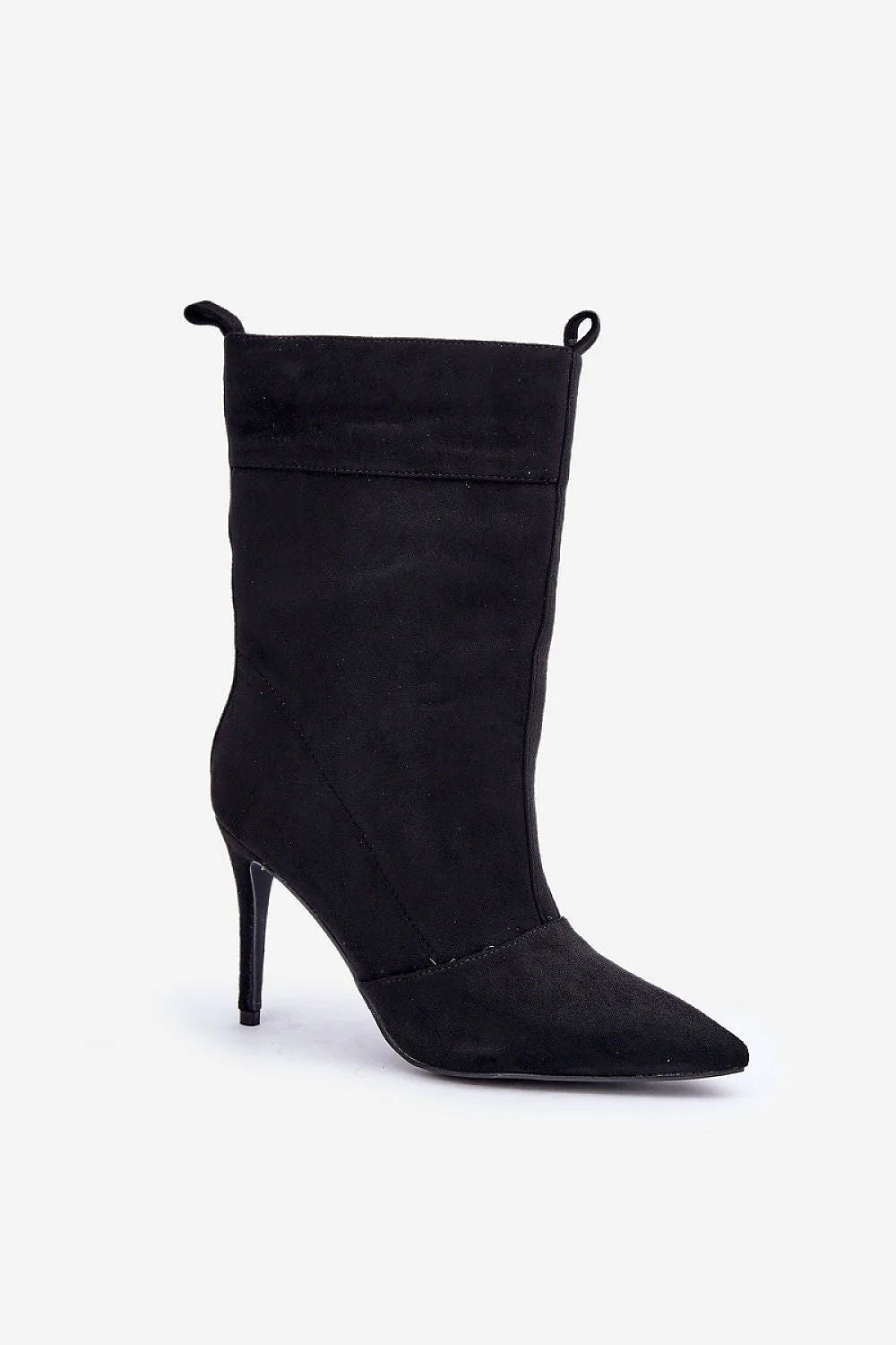 bottines femme suédine noire daim écologique bout pointu talon aiguille haut silhouette élancée tige froncée coutures structurées passant arrière élégantes