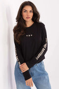 chemisier manches longues coton noir col rond coupe droite oversize confort impressions beige broderies poitrine ourlet court streetwear