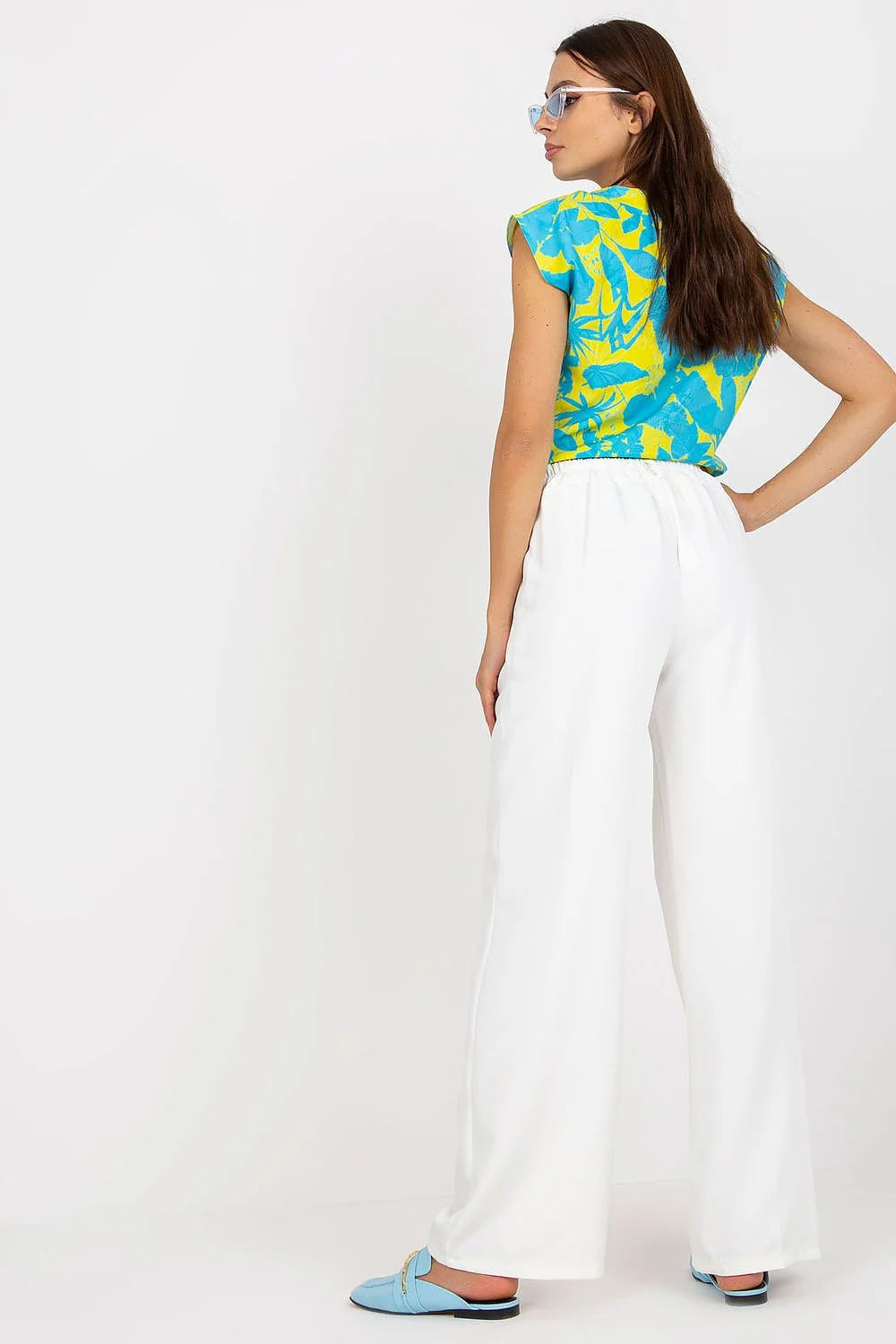 Pantalon femme Italy Moda avec chemisier imprimé floral, blanc, taille haute, élasthanne, polyester, occasion estivale, style chic, coupe évasée