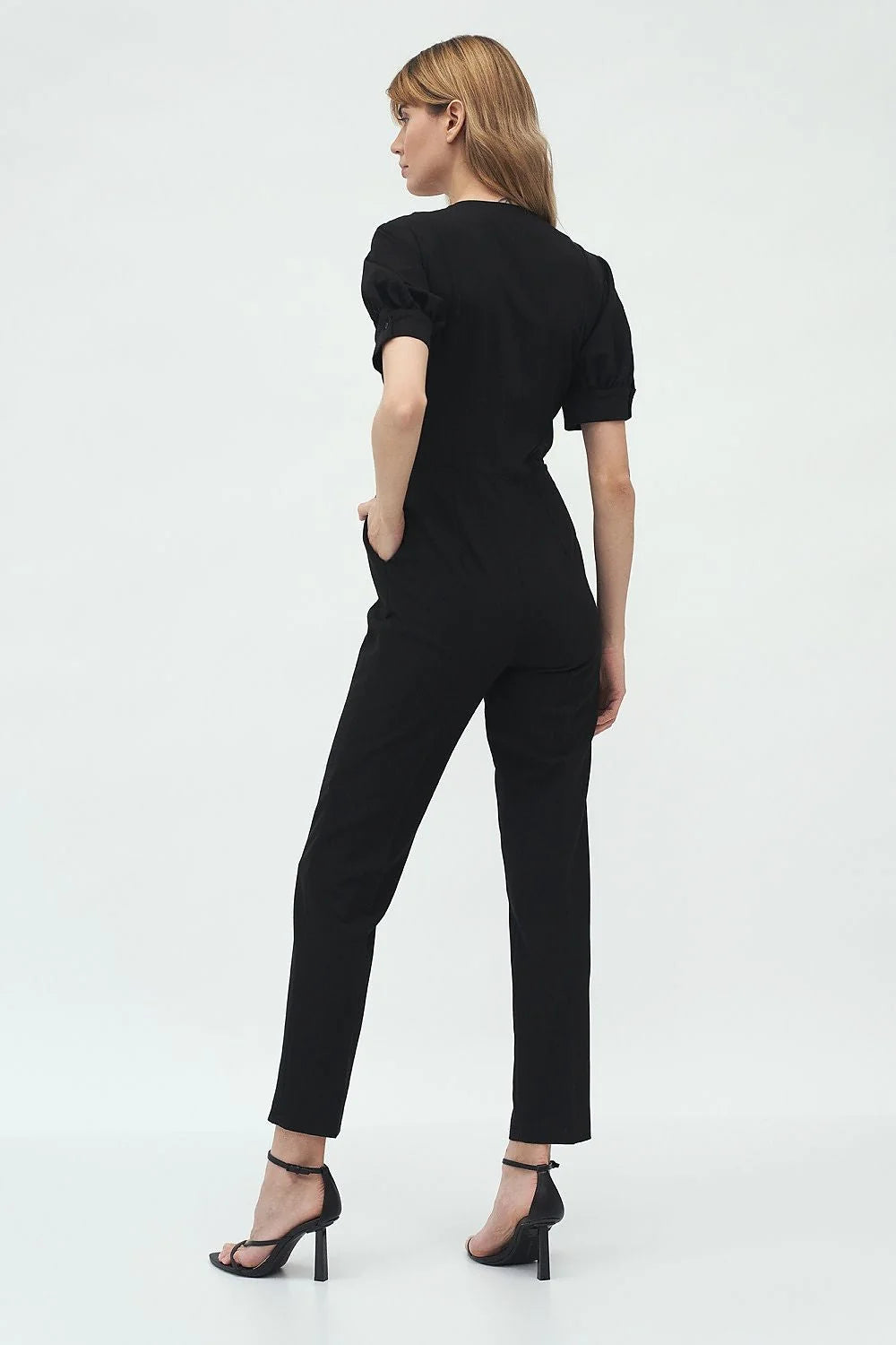 Combinaison femme élégante moderne moulante encolure V manches courtes bouffantes taille haute noir polyvalente polyester spandex viscose