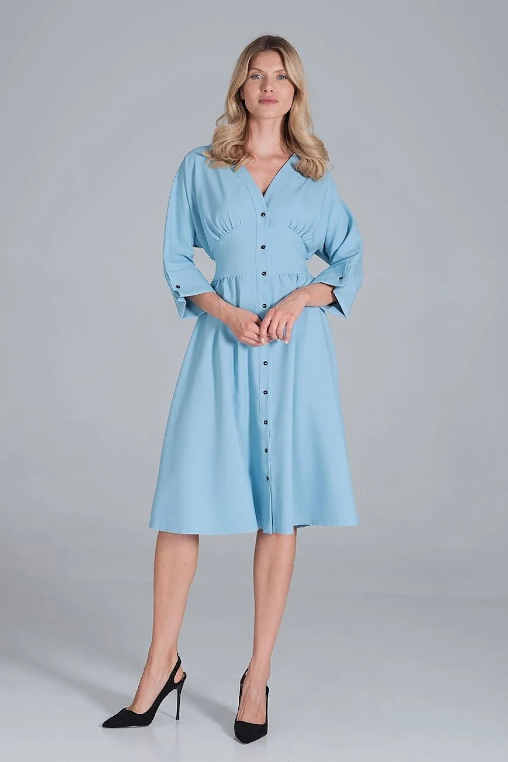 Robe midi polyester élégante rose vive manches trois-quarts boutons col V femme mode chic