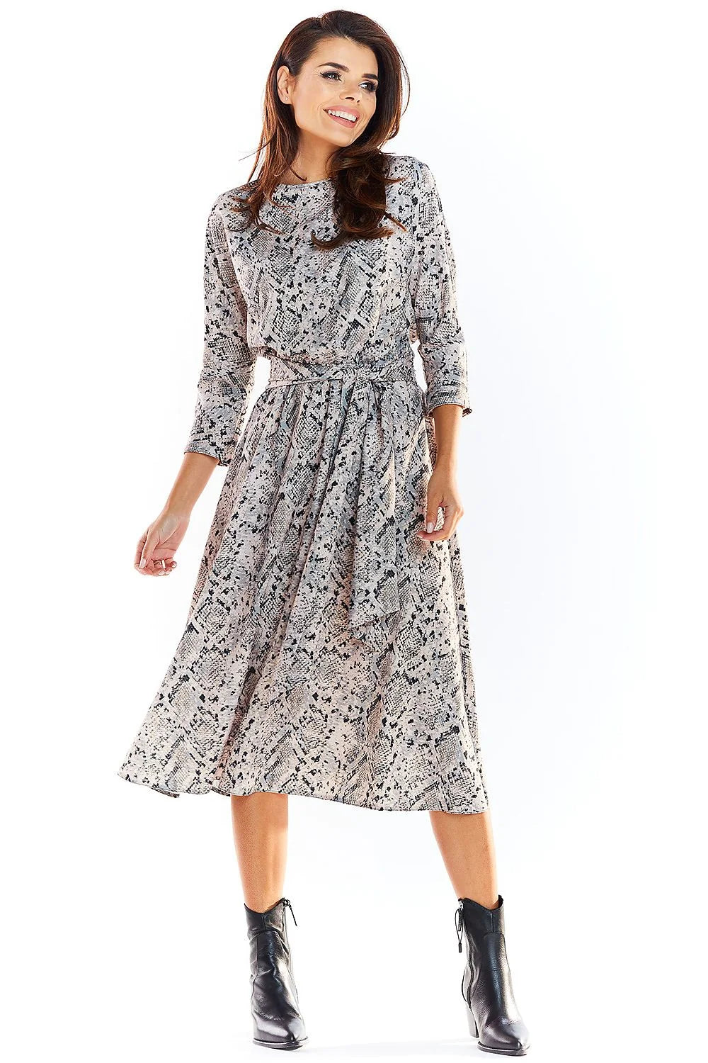 Robe longue polyester imprimé tropical élégante fluide ceinture à nouer manches trois-quarts pour femme moderne