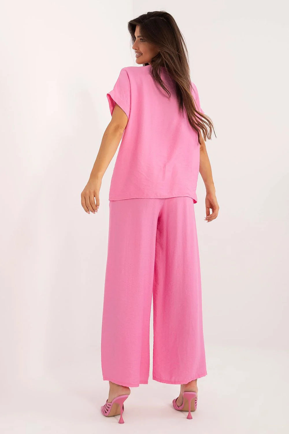 Ensemble pour femme style décontracté et élégant Italy Moda col en V manches courtes ceinture à nouer rose vif