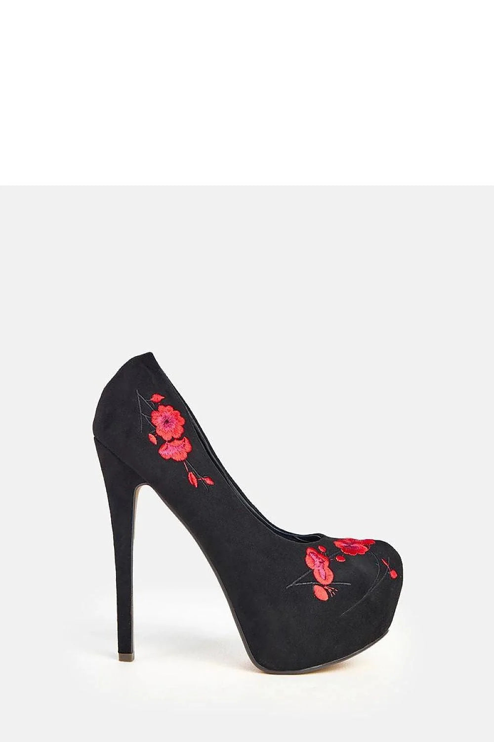escarpins femme talons aiguilles élancés plateforme haute suédine noire bout pointu broderie fleurs rouges slipon doublure cuir écologique