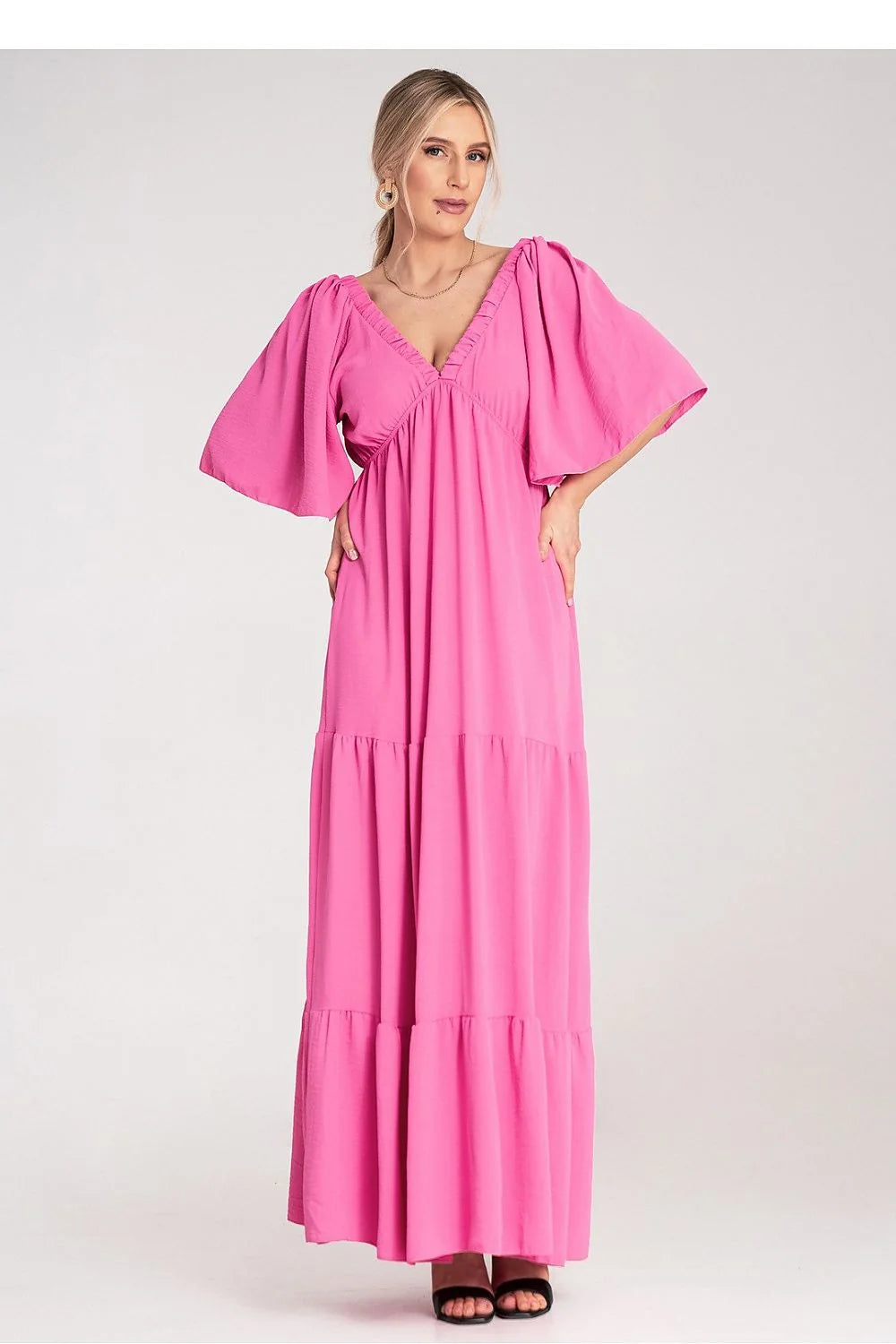 Robe de jour Figl rose vif manches courtes amples encolure en V dos élégant polyester 100% femme